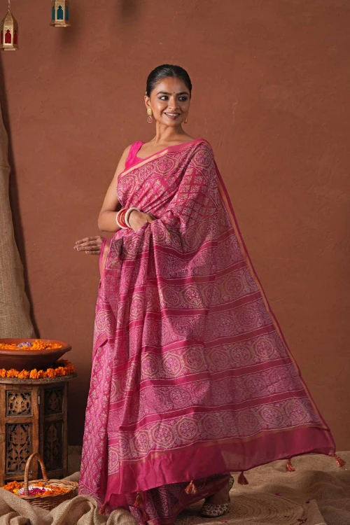 Sooti Syahi ' Azure Gold' Hand Block Printed Chanderi Silk Saree - Image 3