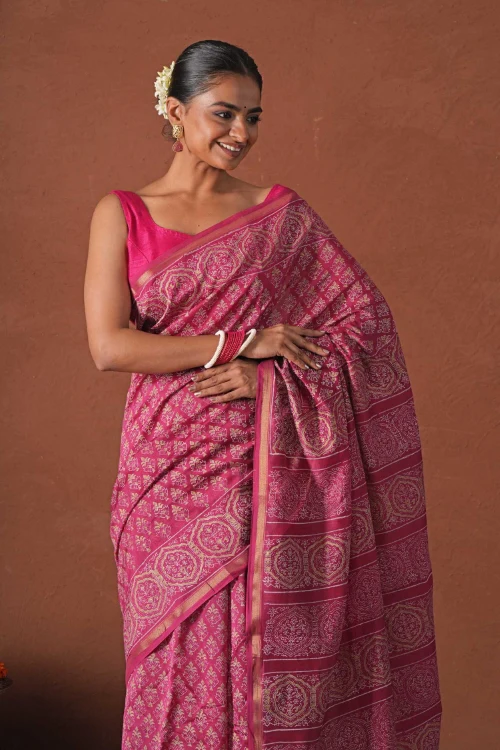Sooti Syahi ' Azure Gold' Hand Block Printed Chanderi Silk Saree - Image 6