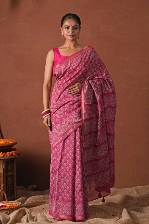 Sooti Syahi ' Azure Gold' Hand Block Printed Chanderi Silk Saree - Image 7