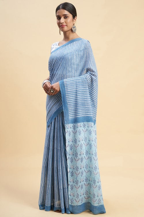 Sooti Syahi "Blue Crabs" Handblock Print Mul Cotton Saree - Image 2
