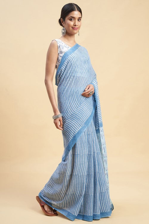 Sooti Syahi "Blue Crabs" Handblock Print Mul Cotton Saree - Image 3