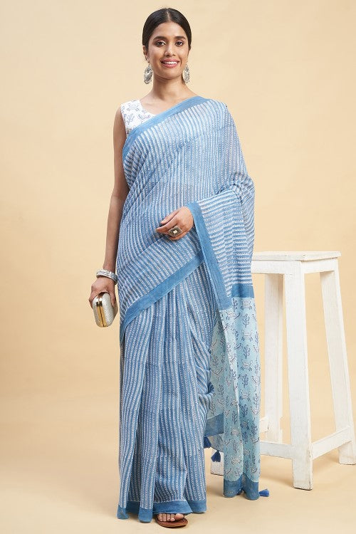 Sooti Syahi "Blue Crabs" Handblock Print Mul Cotton Saree - Image 4