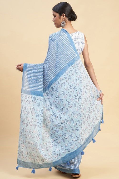 Sooti Syahi "Blue Crabs" Handblock Print Mul Cotton Saree - Image 5