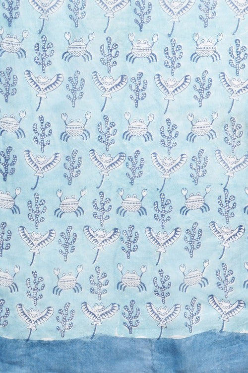 Sooti Syahi "Blue Crabs" Handblock Print Mul Cotton Saree - Image 7