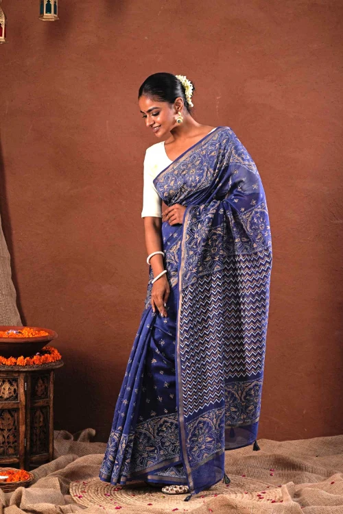 Sooti Syahi ' Blue Horizon' Hand Block Printed Chanderi Silk Saree - Image 4