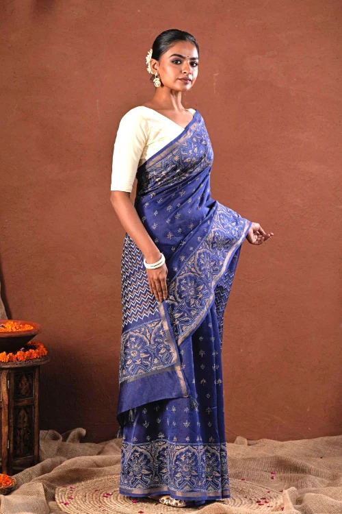 Sooti Syahi ' Blue Horizon' Hand Block Printed Chanderi Silk Saree - Image 5