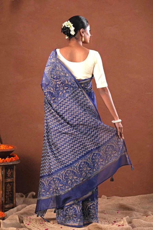 Sooti Syahi ' Blue Horizon' Hand Block Printed Chanderi Silk Saree - Image 7