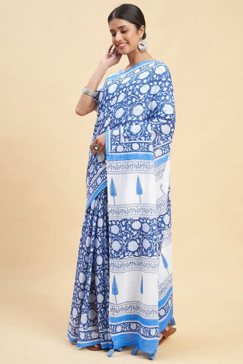 Sooti Syahi "Botanical Blue'' Block Printed Cotton Saree - Image 2