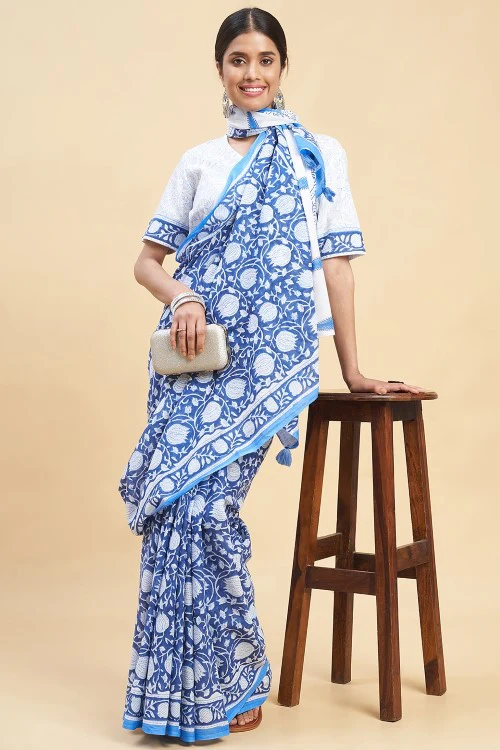 Sooti Syahi "Botanical Blue'' Block Printed Cotton Saree - Image 4