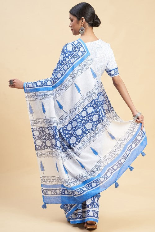 Sooti Syahi "Botanical Blue'' Block Printed Cotton Saree - Image 5
