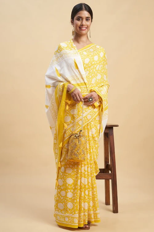 Sooti Syahi "Botanical Yellow'' Block Printed Cotton Saree