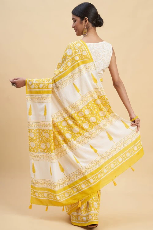 Sooti Syahi "Botanical Yellow'' Block Printed Cotton Saree - Image 5