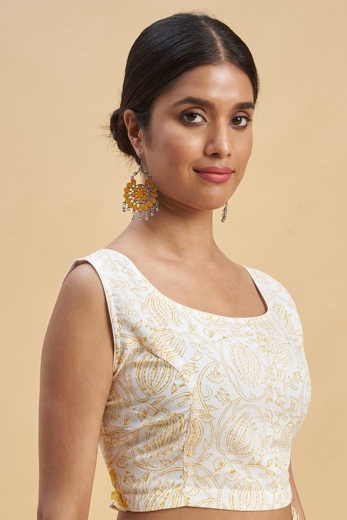 Sooti Syahi "Botanical Yellow'' Block Printed Cotton Saree - Image 6