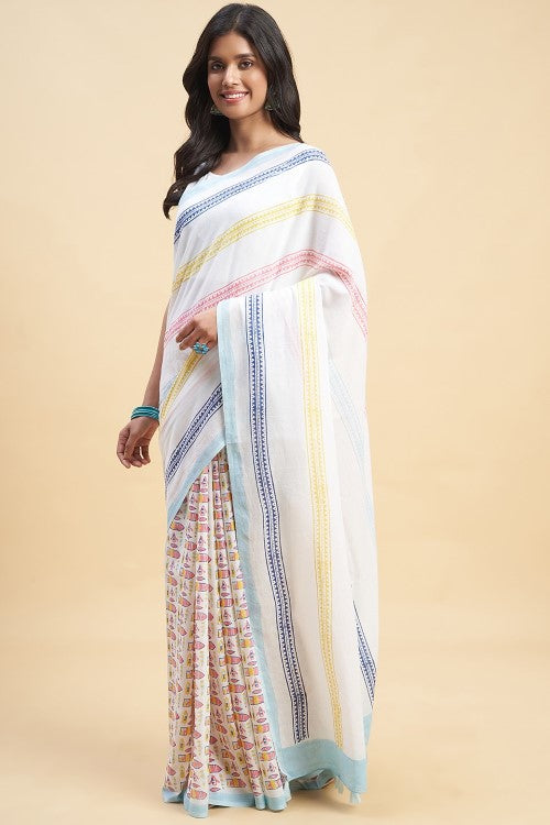 Sooti Syahi "California Orange" Handblock Print Mul Cotton Saree - Image 2