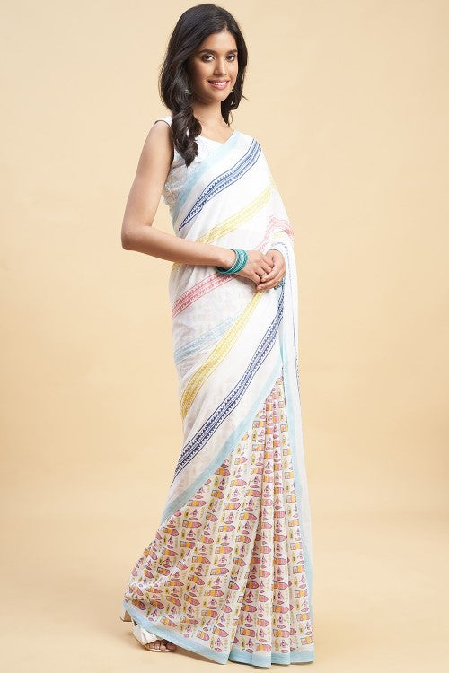 Sooti Syahi "California Orange" Handblock Print Mul Cotton Saree - Image 3