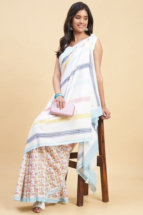Sooti Syahi "California Orange" Handblock Print Mul Cotton Saree - Image 4
