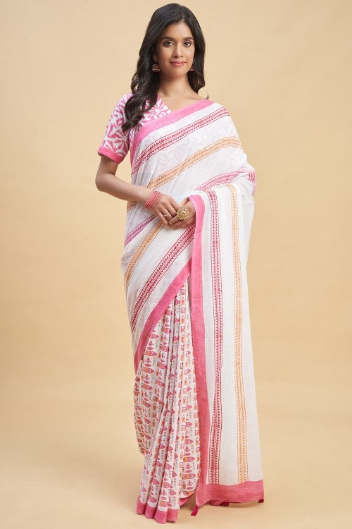 Sooti Syahi " California Pink" Block Printed Cotton Saree - Image 2
