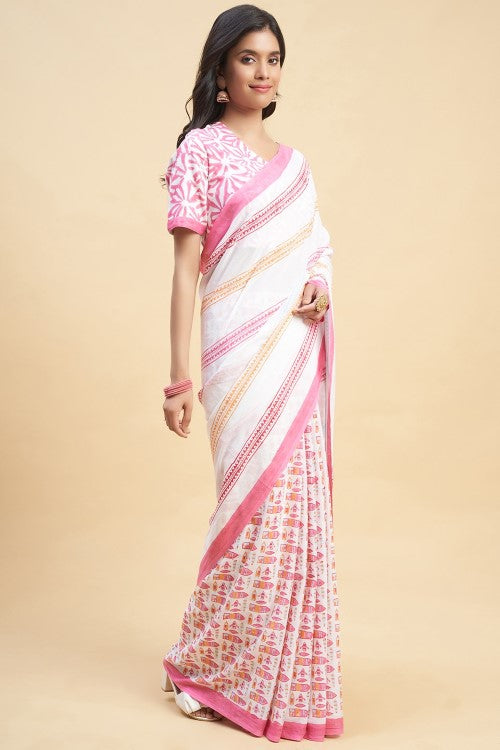 Sooti Syahi " California Pink" Block Printed Cotton Saree - Image 3