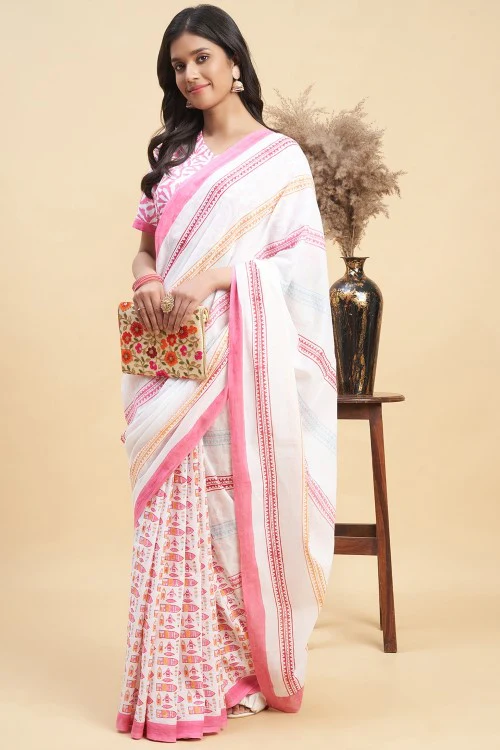 Sooti Syahi " California Pink" Block Printed Cotton Saree - Image 4