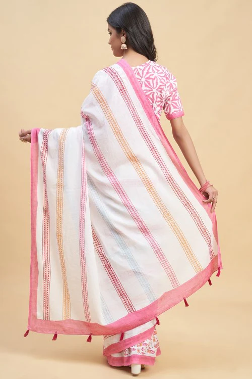 Sooti Syahi " California Pink" Block Printed Cotton Saree - Image 5