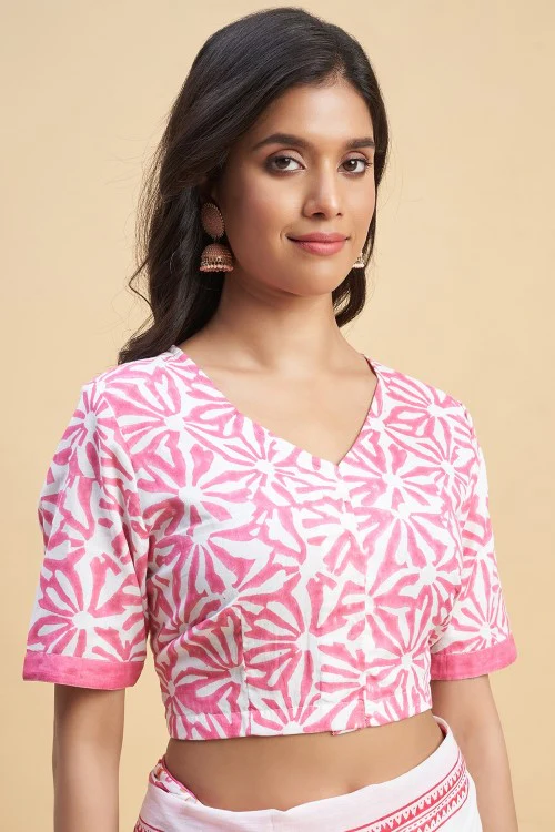 Sooti Syahi " California Pink" Block Printed Cotton Saree - Image 6