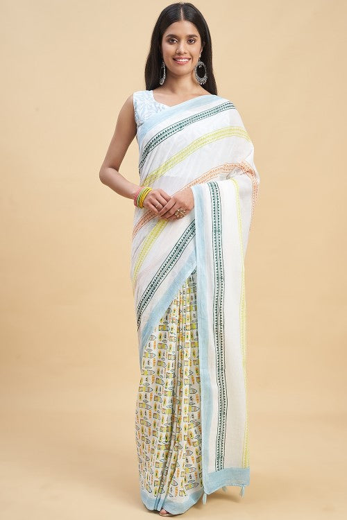Sooti Syahi "California Sky Blue" Handblock Print Mul Cotton Saree - Image 2