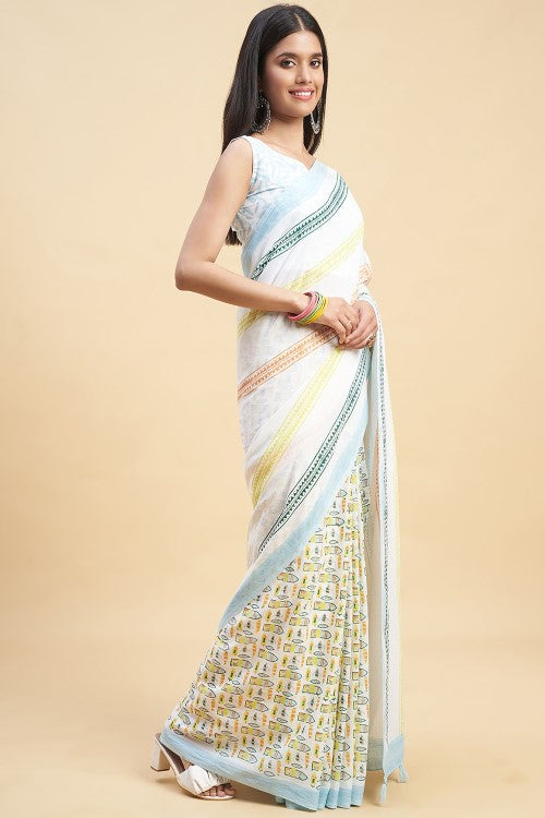 Sooti Syahi "California Sky Blue" Handblock Print Mul Cotton Saree - Image 3