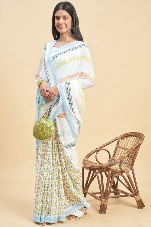 Sooti Syahi "California Sky Blue" Handblock Print Mul Cotton Saree - Image 4