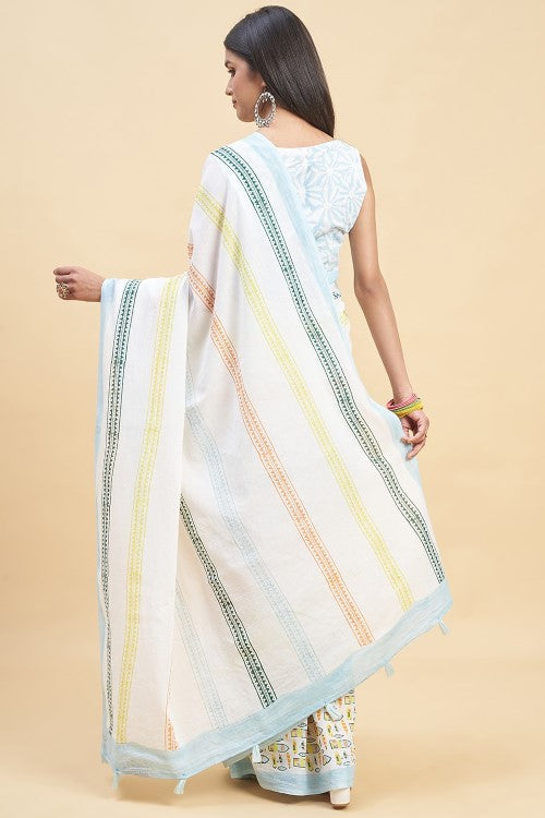 Sooti Syahi "California Sky Blue" Handblock Print Mul Cotton Saree - Image 5