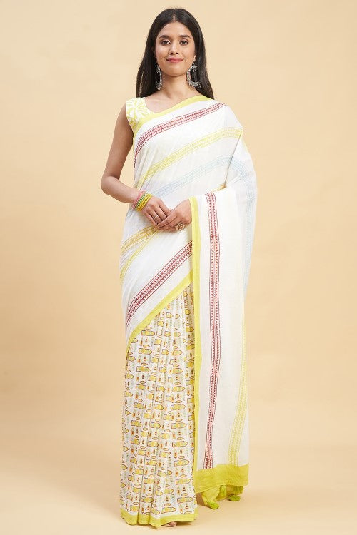 Sooti Syahi "California Yellow" Handblock Print Mul Cotton Saree