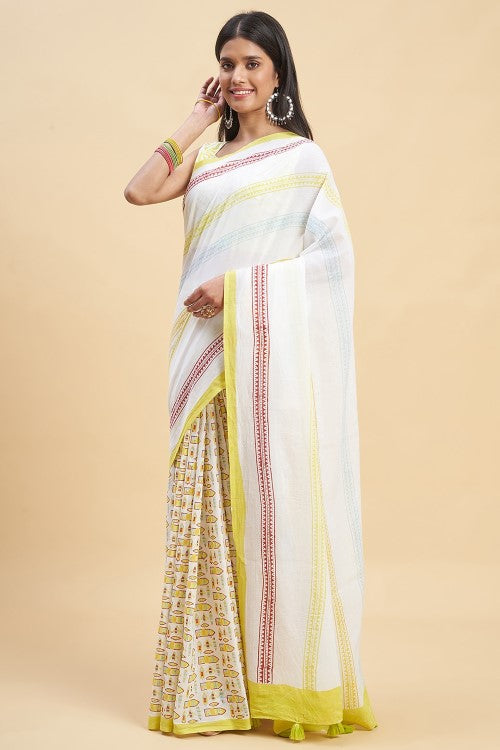 Sooti Syahi "California Yellow" Handblock Print Mul Cotton Saree - Image 2