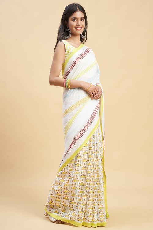 Sooti Syahi "California Yellow" Handblock Print Mul Cotton Saree - Image 3