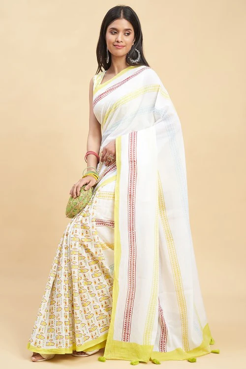 Sooti Syahi "California Yellow" Handblock Print Mul Cotton Saree - Image 4