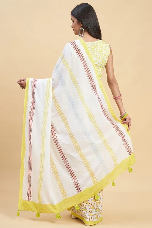 Sooti Syahi "California Yellow" Handblock Print Mul Cotton Saree - Image 5