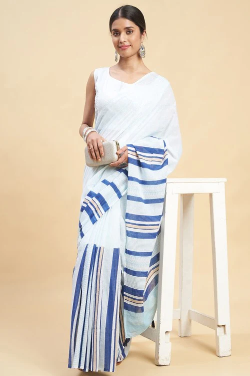 Sooti Syahi " Candy Blue Stripes'' Block Printed Cotton Saree