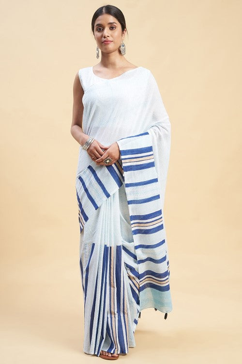 Sooti Syahi " Candy Blue Stripes'' Block Printed Cotton Saree - Image 2