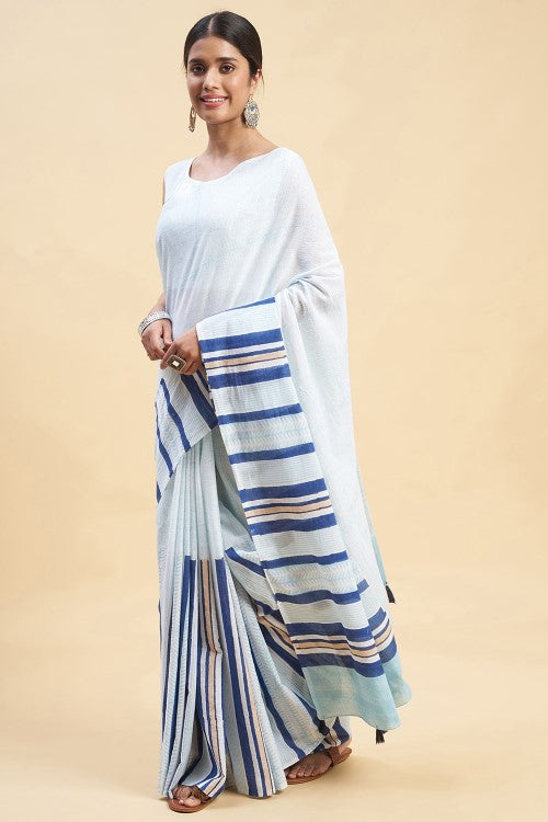 Sooti Syahi " Candy Blue Stripes'' Block Printed Cotton Saree - Image 3