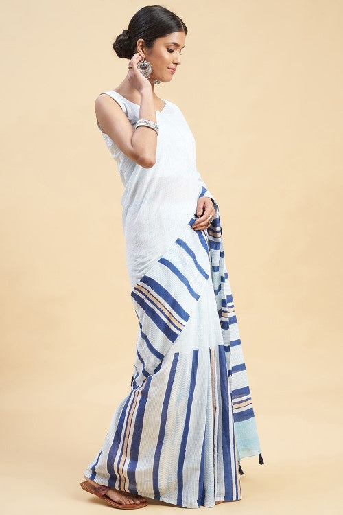 Sooti Syahi " Candy Blue Stripes'' Block Printed Cotton Saree - Image 4