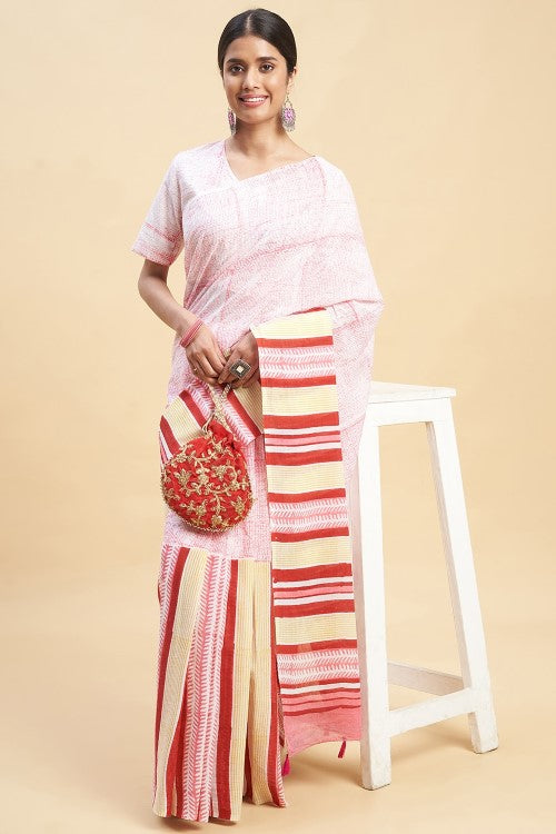 Sooti Syahi " Candy Pink Stripes'' Block Printed Cotton Saree - Image 3