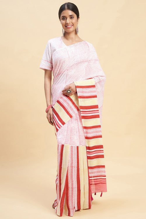 Sooti Syahi " Candy Pink Stripes'' Block Printed Cotton Saree - Image 4
