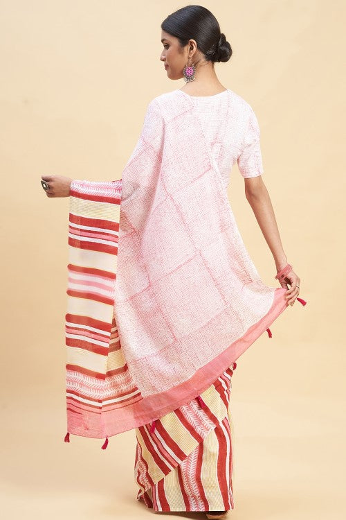 Sooti Syahi " Candy Pink Stripes'' Block Printed Cotton Saree - Image 5