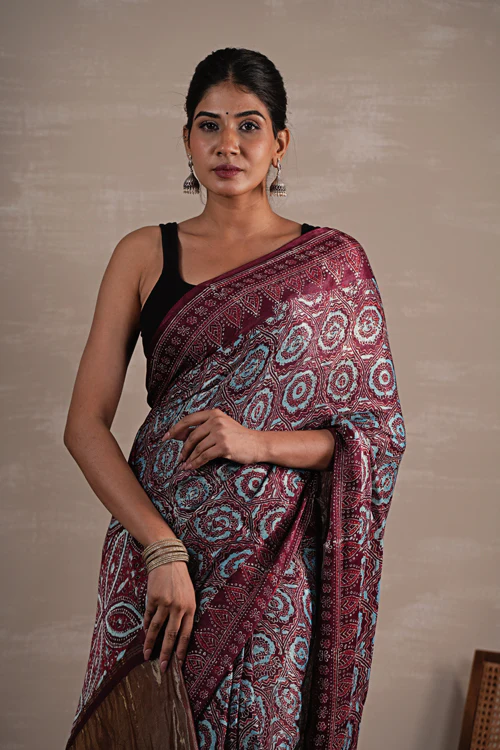 Sooti Syahi 'Carmine Cascade' Hand Block Printed  Modal Tissue Saree - Image 2