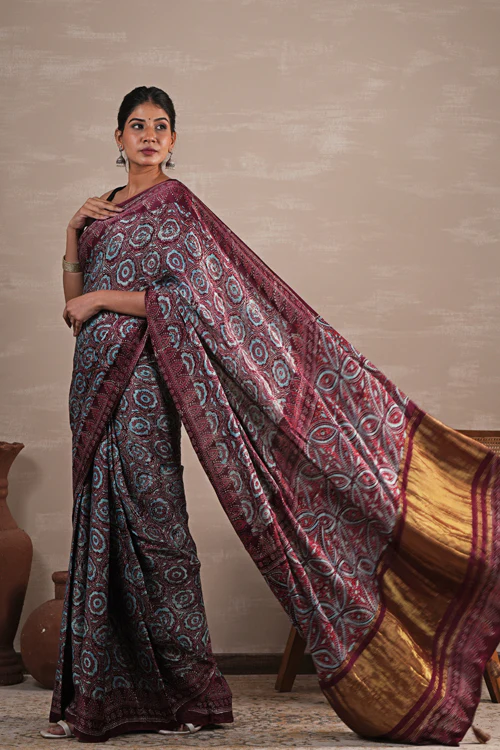 Sooti Syahi 'Carmine Cascade' Hand Block Printed  Modal Tissue Saree - Image 4