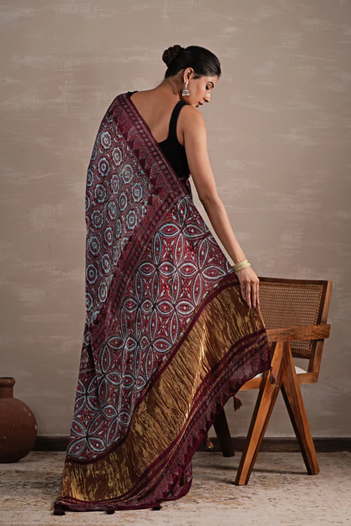 Sooti Syahi 'Carmine Cascade' Hand Block Printed  Modal Tissue Saree - Image 5