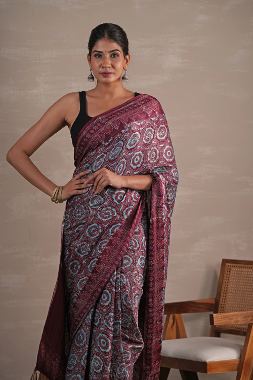 Sooti Syahi 'Carmine Cascade' Hand Block Printed  Modal Tissue Saree - Image 6