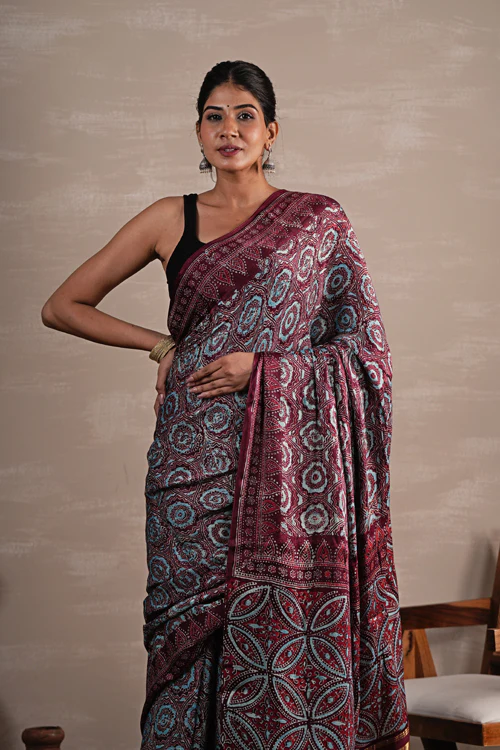 Sooti Syahi 'Carmine Cascade' Hand Block Printed  Modal Tissue Saree - Image 8
