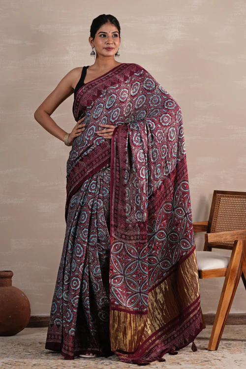 Sooti Syahi 'Carmine Cascade' Hand Block Printed  Modal Tissue Saree - Image 9