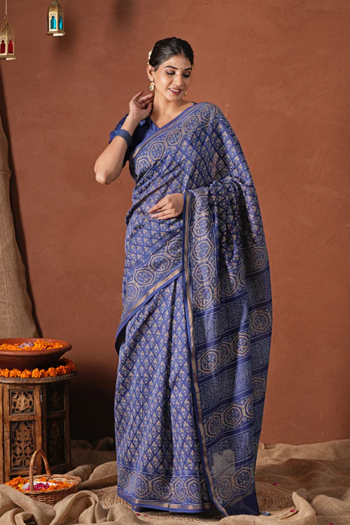 Sooti Syahi ' Celestial Blue'Hand Block Printed Chanderi Silk Saree - Image 3