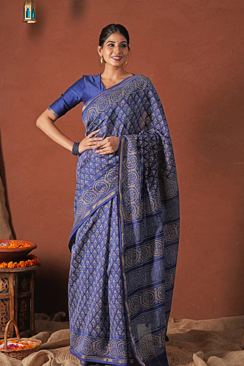 Sooti Syahi ' Celestial Blue'Hand Block Printed Chanderi Silk Saree - Image 5