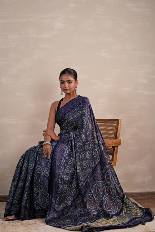 Sooti Syahi 'Celestial Cascade' Hand Block Printed Modal Tissue Saree